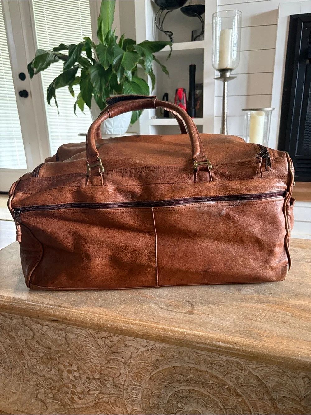 Leather Weekender Bag - Brown